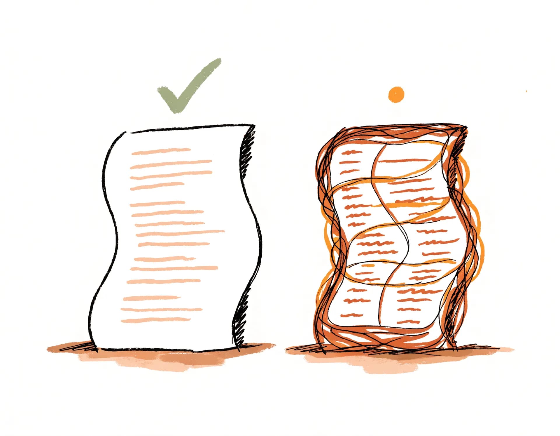 Warm editorial illustration of a clean, machine-readable resume beside a tangled one whose text is trapped in a scribbled table, showing what parse-safety means