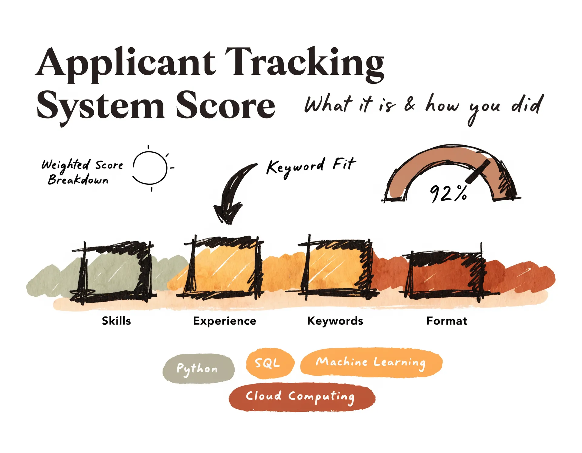Warm editorial illustration of a weighted score breakdown — labeled dimension columns in a sage-to-honey-to-clay band and a terracotta arc gauge reading 92