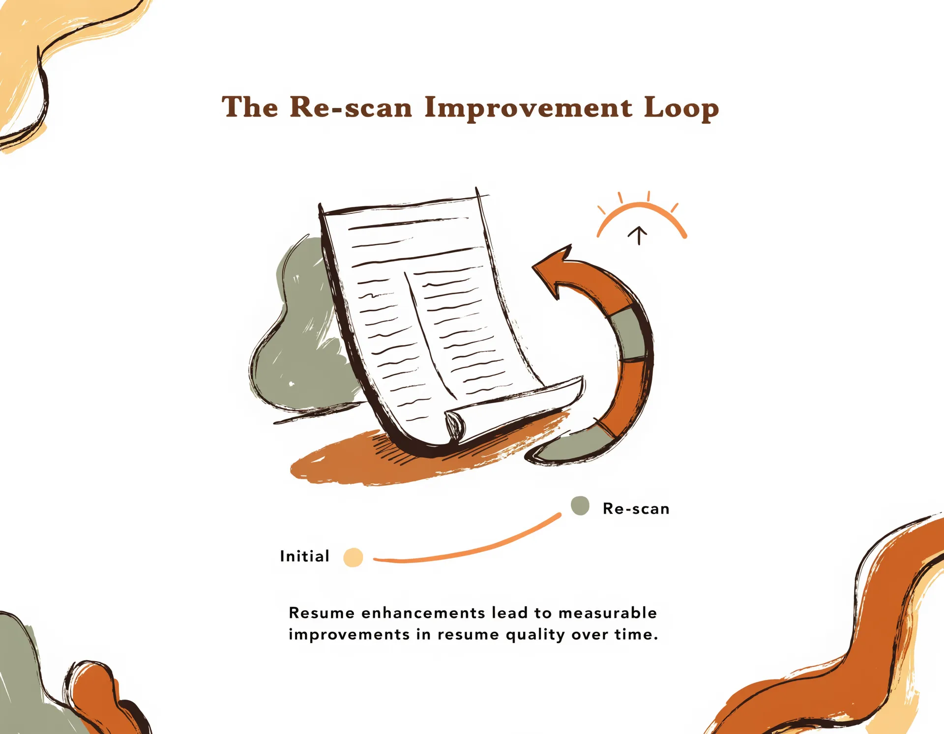 Warm editorial illustration of the re-scan improvement loop — a clean resume, a terracotta circular re-scan arrow, and a smooth upward curve from a honey point to a higher sage point