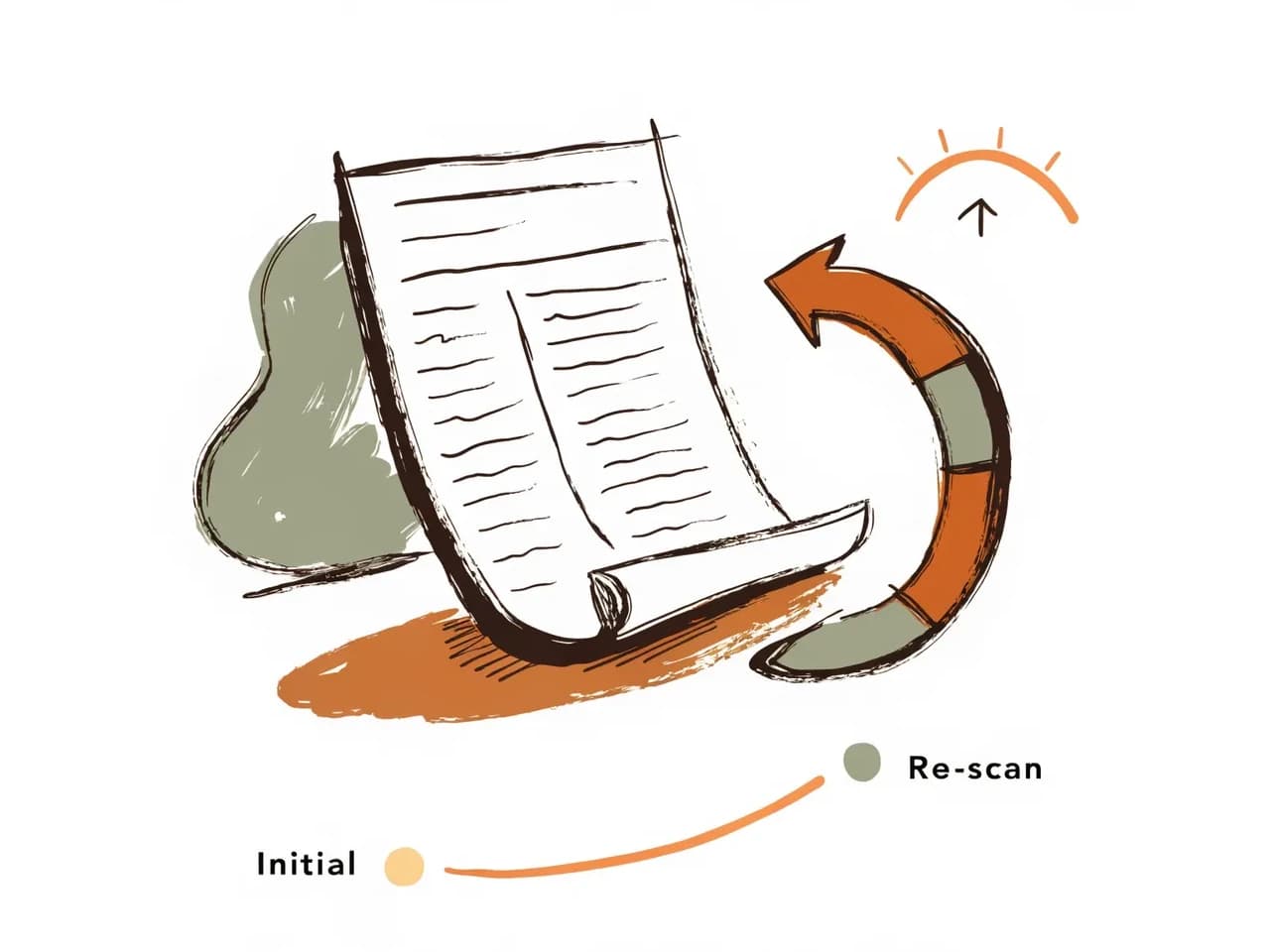 Warm editorial illustration of the re-scan improvement loop — a clean resume, a terracotta circular re-scan arrow, and a smooth upward curve from a honey point to a higher sage point